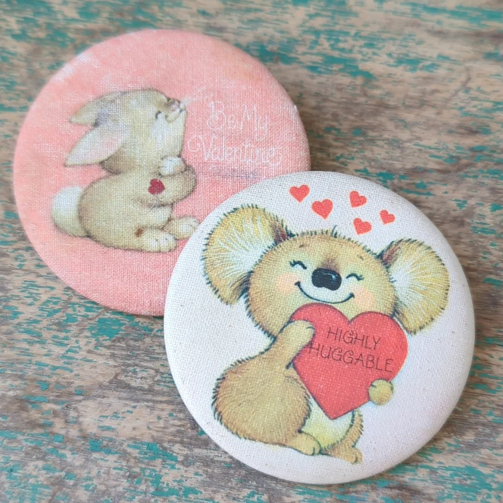 HALLMARK I Bundle of 2 Vintage Valentine's Day Love Buttons Pins, Circa 80s